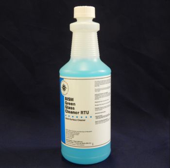clear bottle, bright blue liquid, dark blue stripe label